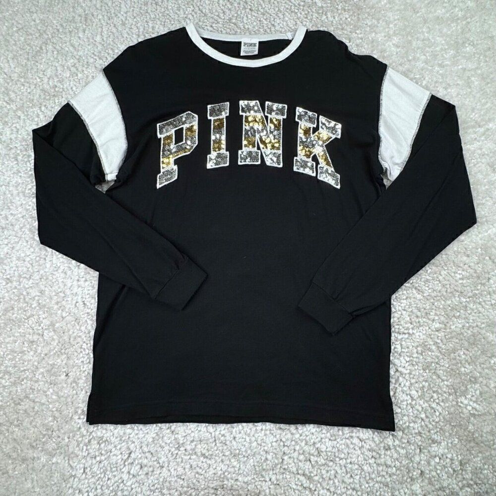 Victoria's Secret Pink Sequin Logo Long Sleeve Shirt Black Silver